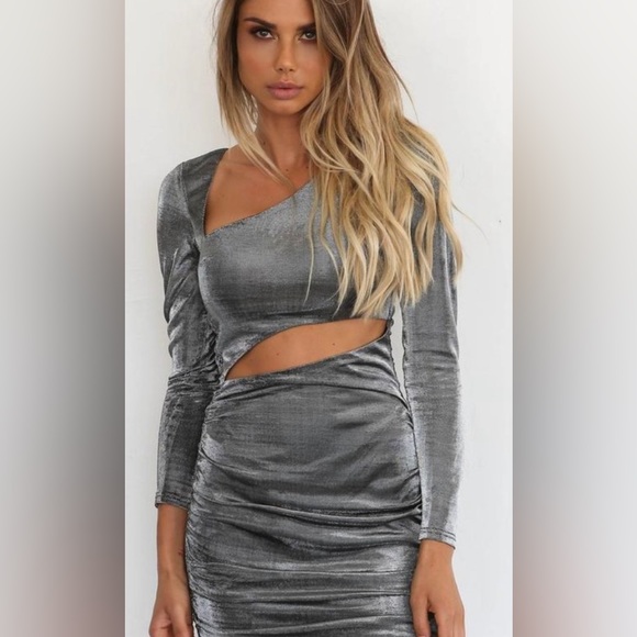NWT Tiger Mist. Belle Silver Asymmetric Neck Bodycon Mini Dress Waist Cut Out - Picture 8 of 11